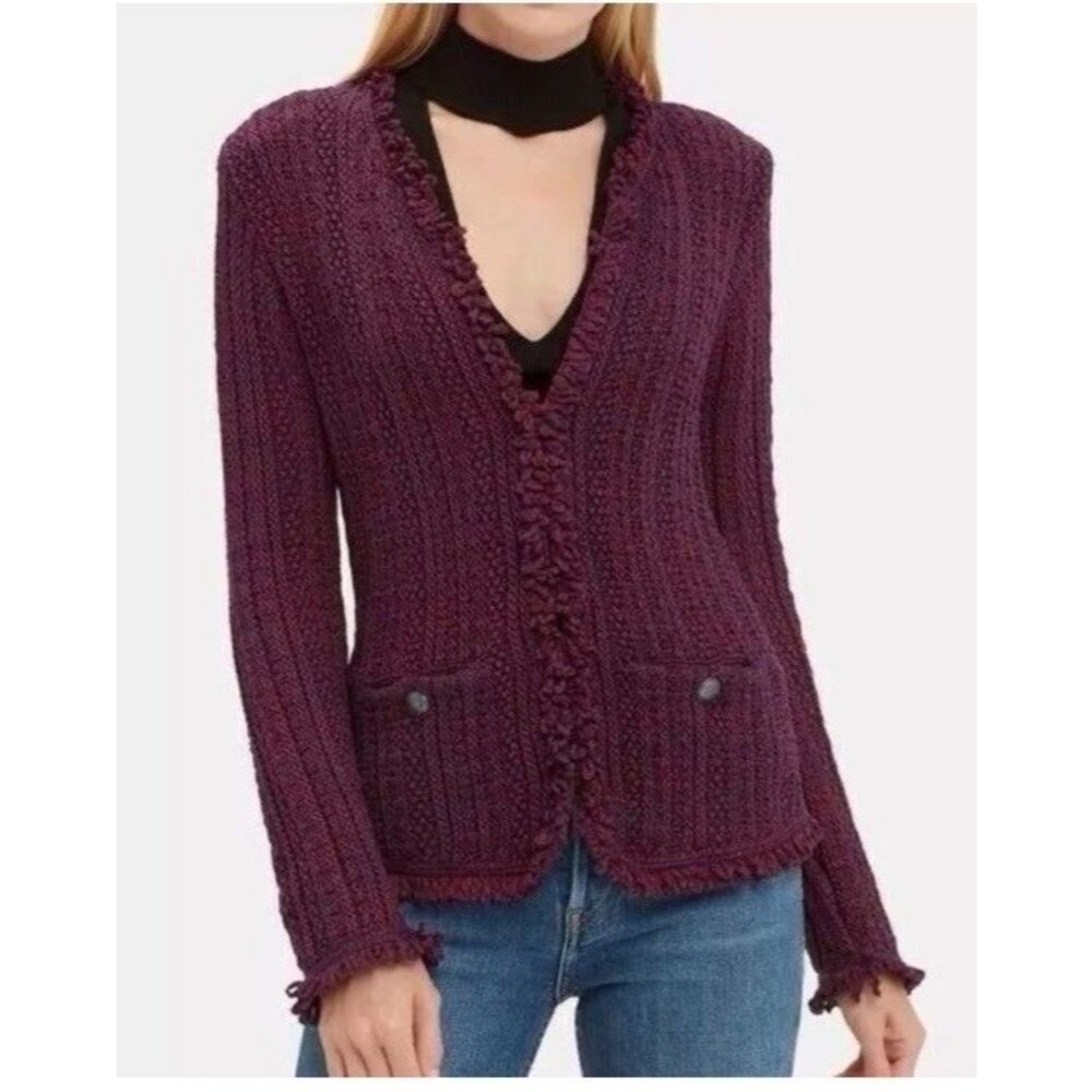 Intermix Tweed Cardigan Blazer Sweater sz 0 Speckled Burgundy officecore Fringe